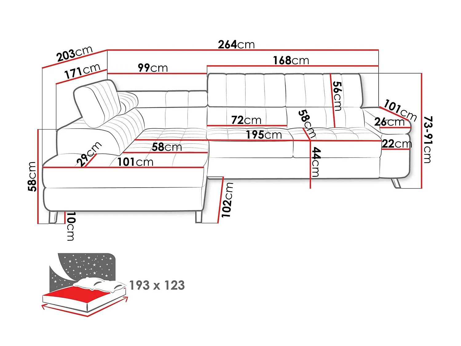Canapé d'angle convertible 3 places en tissu rouge 264x203x73 cm
