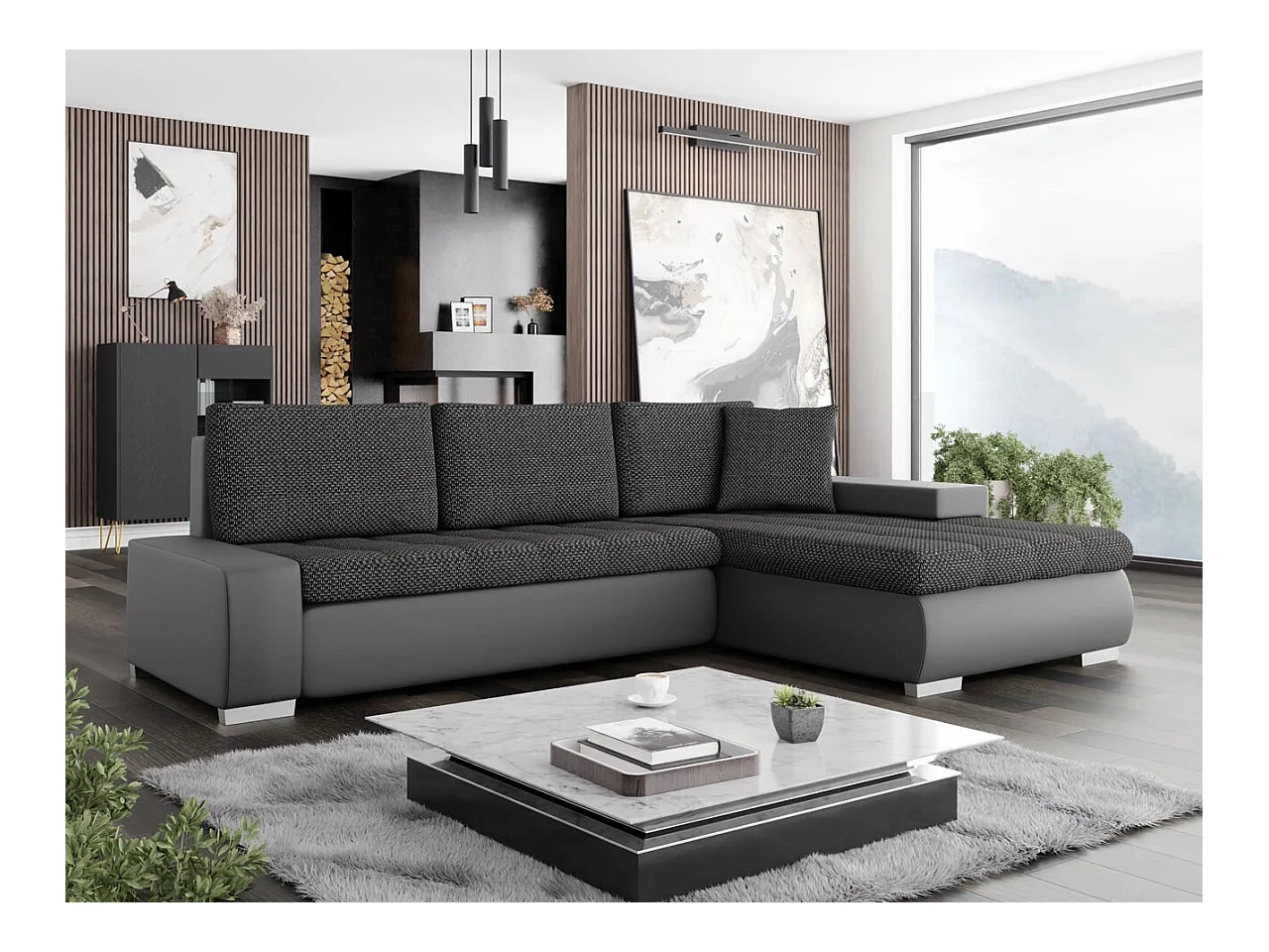 Canapé d'angle Comfivo 112, Noir, Fonction de couchage, Boîte de literie, 265x185x85cm