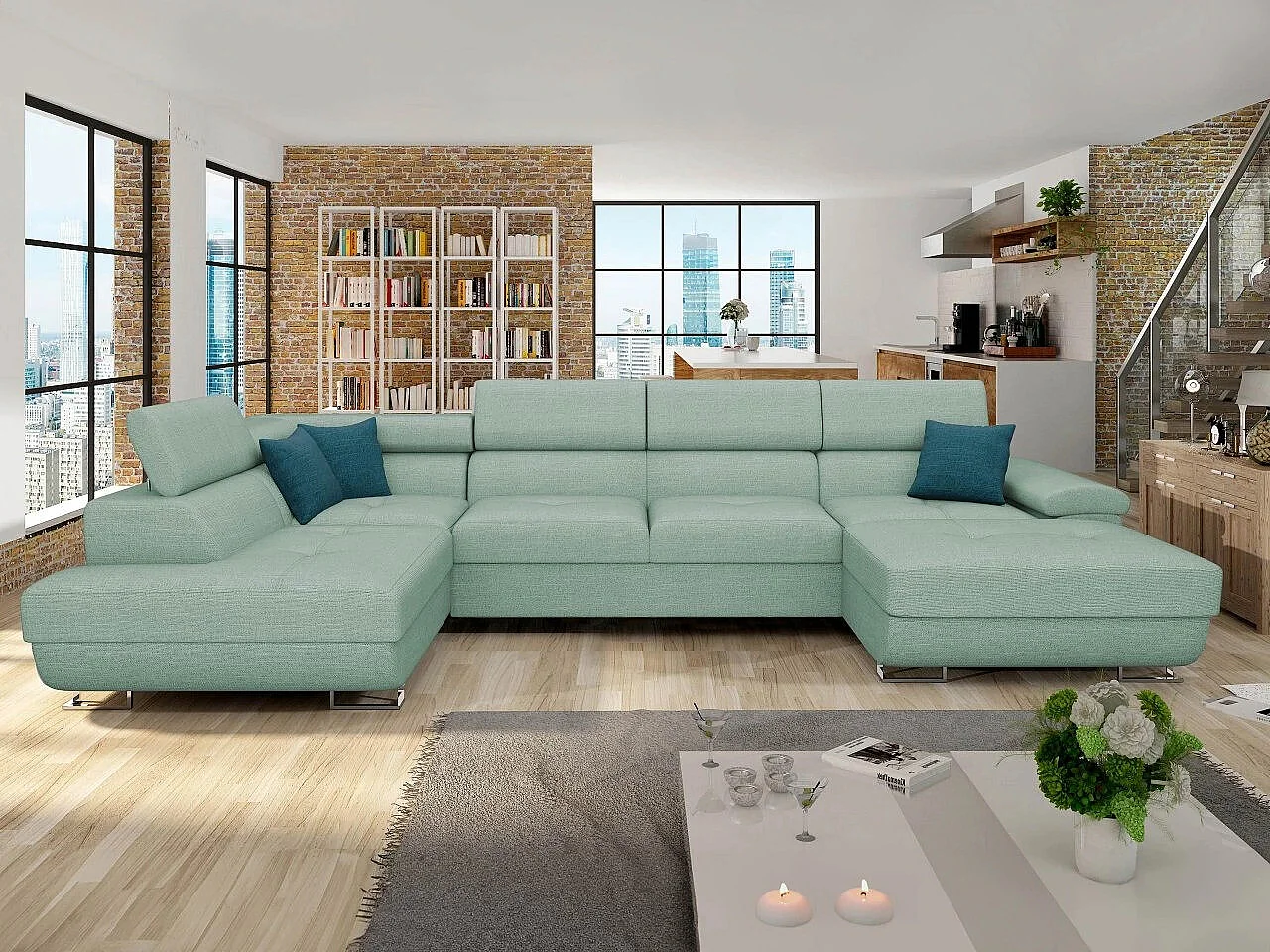 Sofá rinconero Comfivo 241, Turquesa, Función de descanso, Almacenaje, 345x202x71cm