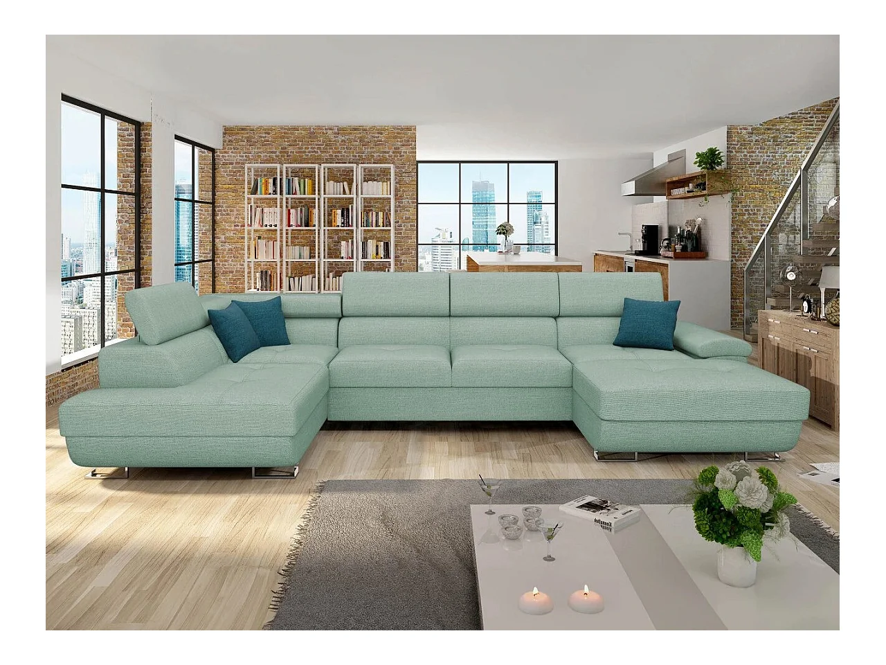 Canapé d'angle Comfivo 241, Turquoise, Fonction de couchage, Boîte de literie, 345x202cm