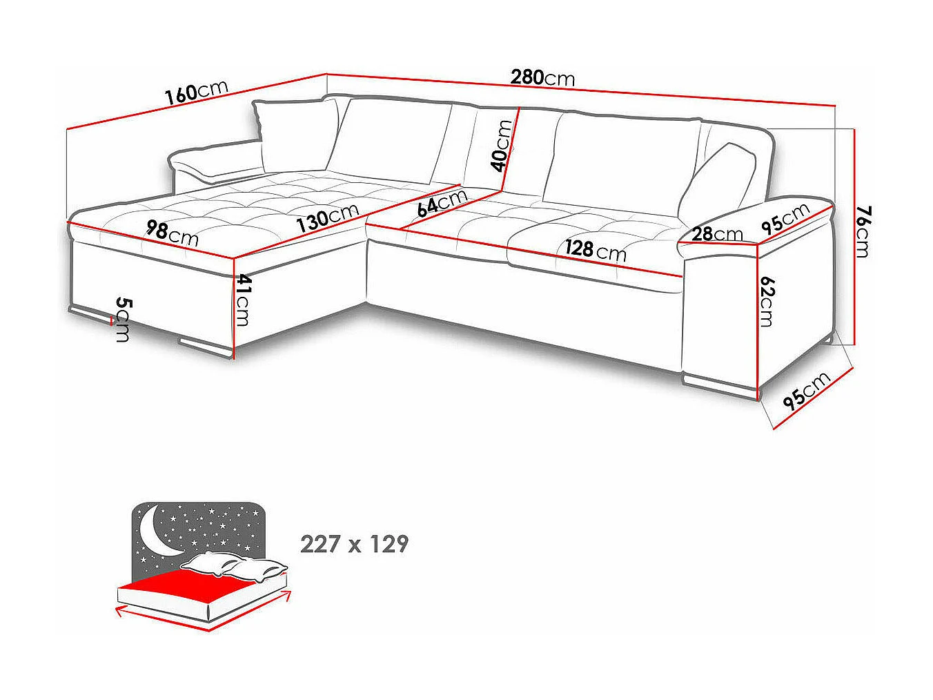 Sofá rinconero Comfivo 107, Gris, Función de descanso, Almacenaje, 280x160x76cm