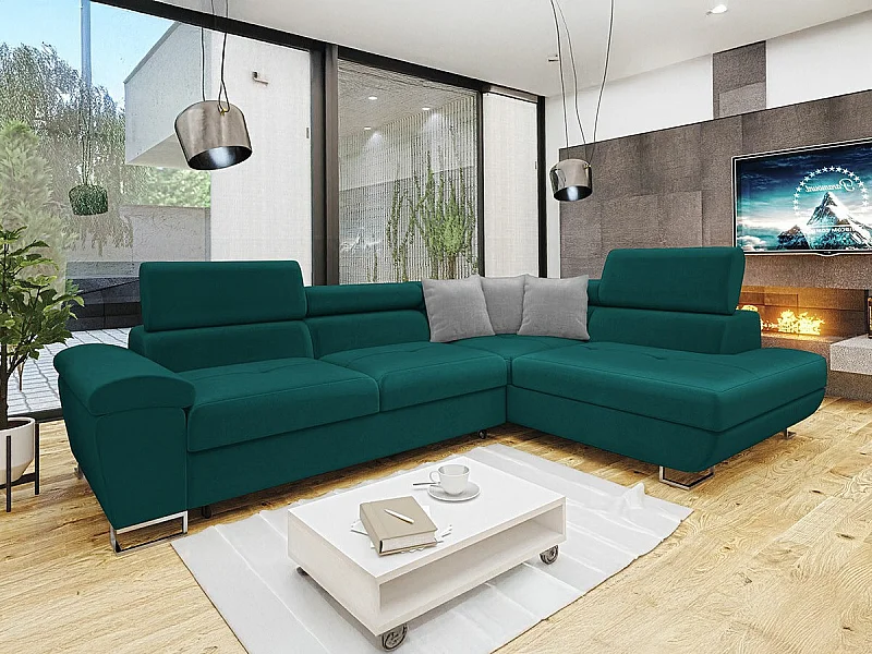 Canapé d'angle Comfivo 166, Turquoise, Fonction de couchage, Boîte de literie, 270x202cm