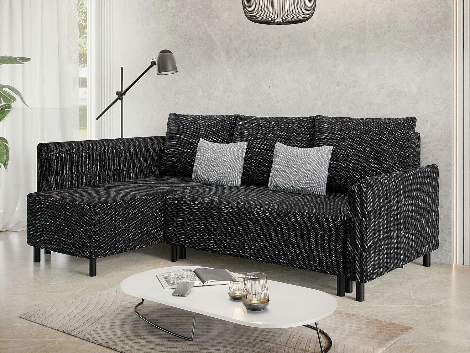 Sofá rinconero Rome 104, Gris, Función de descanso, Almacenaje, 205x144x89cm