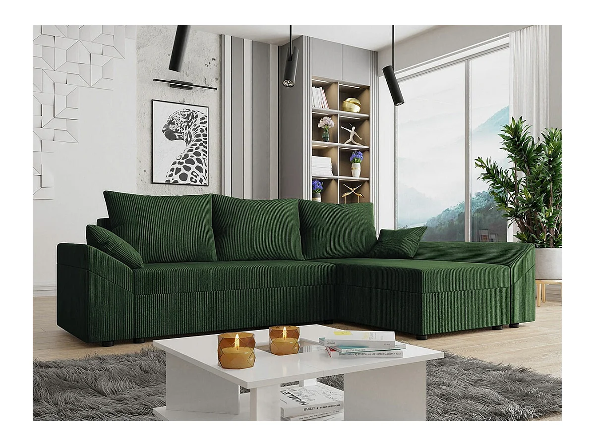 Canapé d'angle Memphis 104, Vert, Fonction de couchage, Boîte de literie, 240x140x82cm