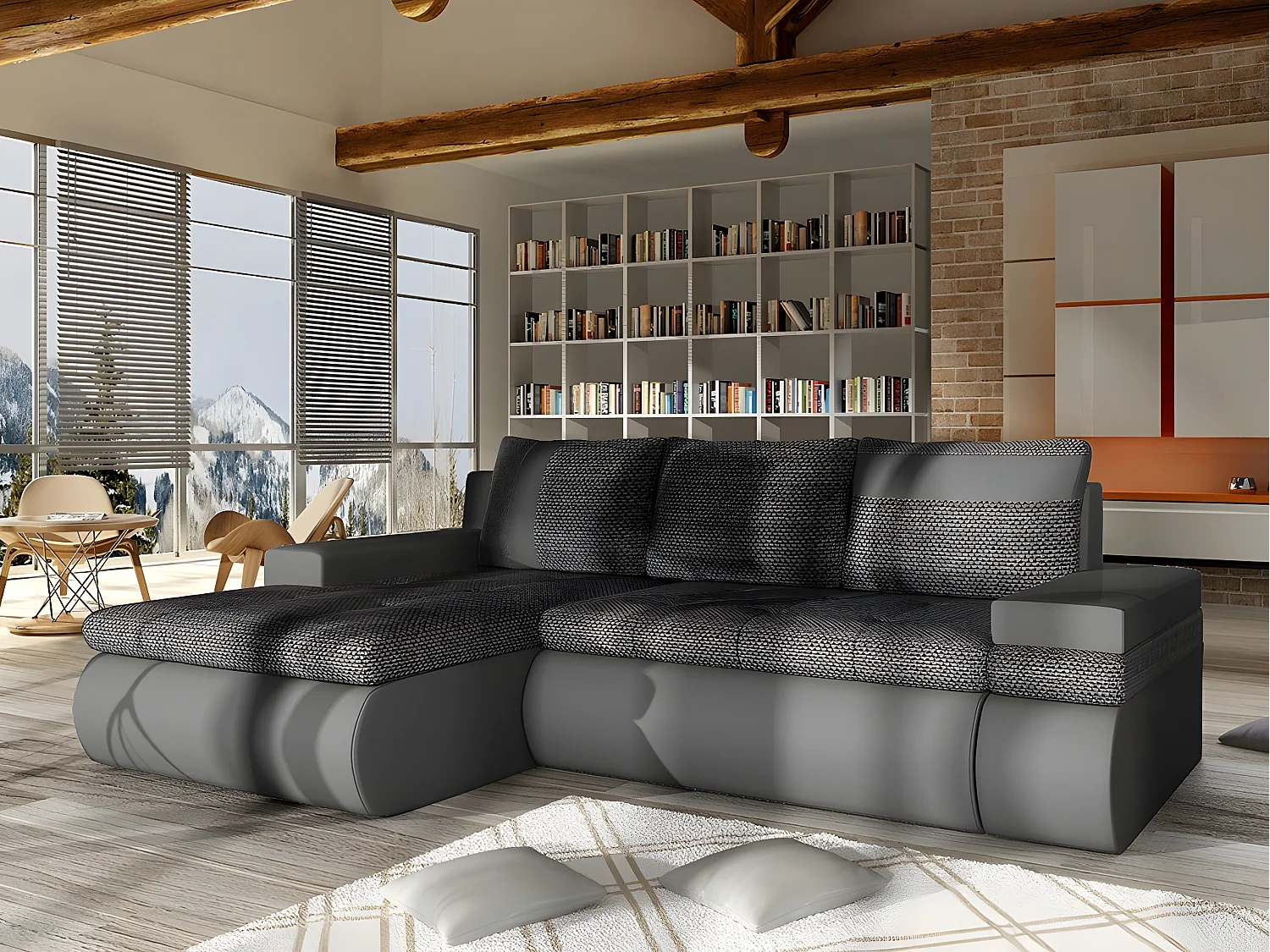 Canapé d'angle Temple 101, Gris, Fonction de couchage, Boîte de literie, 245x182x90cm