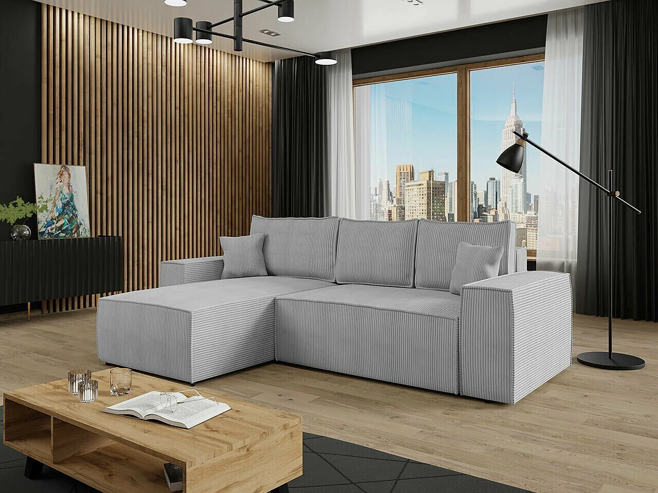 Sofá rinconero Clovis 108, Gris, Función de descanso, Almacenaje, 279x174x94cm