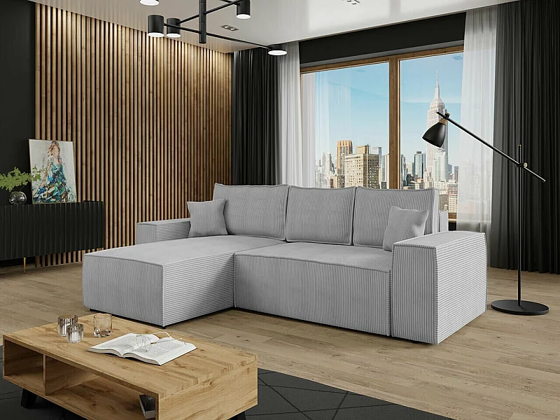 Sofá de canto Clovis 108, Cinzento, Funcionalidade de dormir