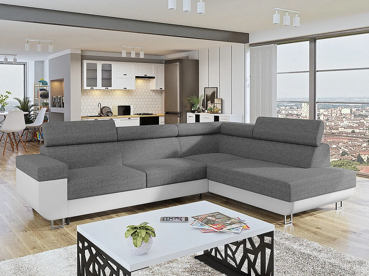 Canapé d'angle Comfivo 306, Gris, Fonction de couchage, Boîte de literie, 253x188x71cm