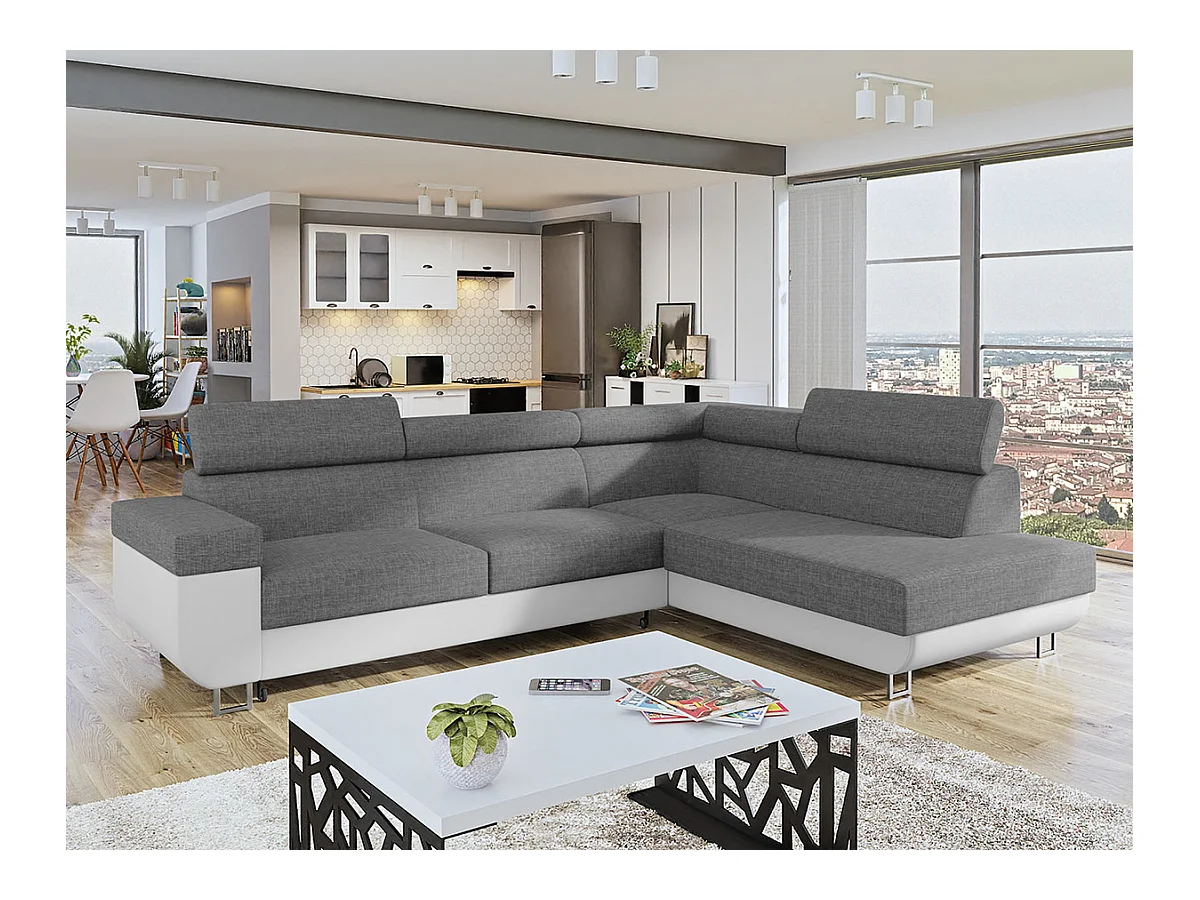 Canapé d'angle Comfivo 306, Gris, Fonction de couchage, Boîte de literie, 253x188x71cm
