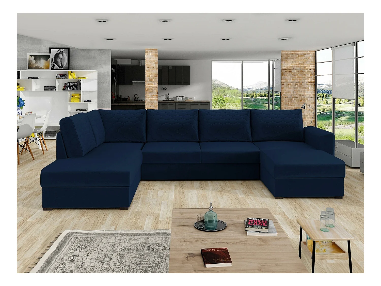 Canapé d'angle Comfivo 189, Bleu, Fonction de couchage, Boîte de literie, 305x188x85cm