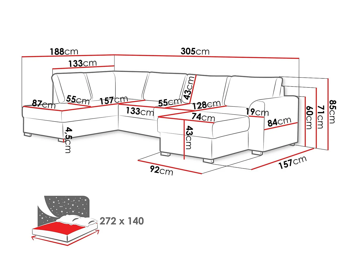 Sofá rinconero Comfivo Flumen, Azul, Función de descanso, Almacenaje