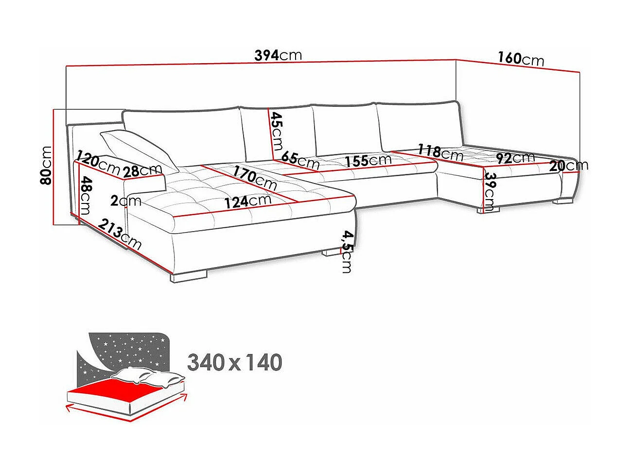 Canapé d'angle Comfivo 248, Rouge, Disponible, 394x213x80cm