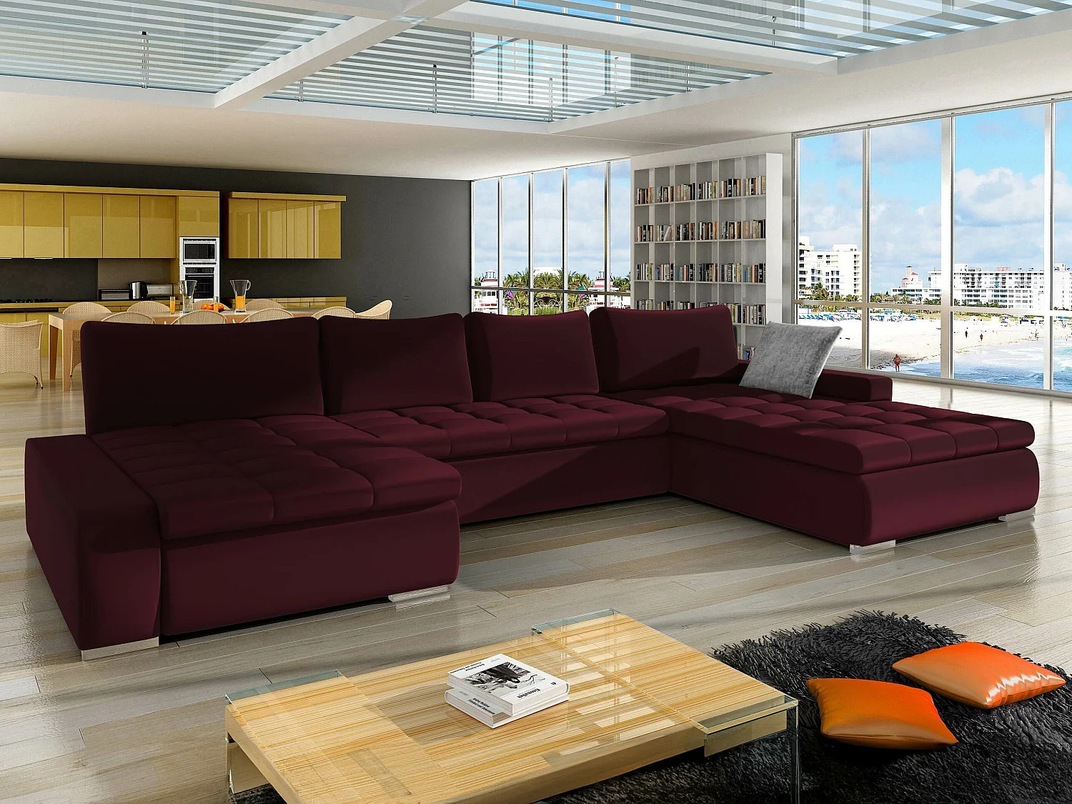 Canapé d'angle convertible 3 places en tissu rouge