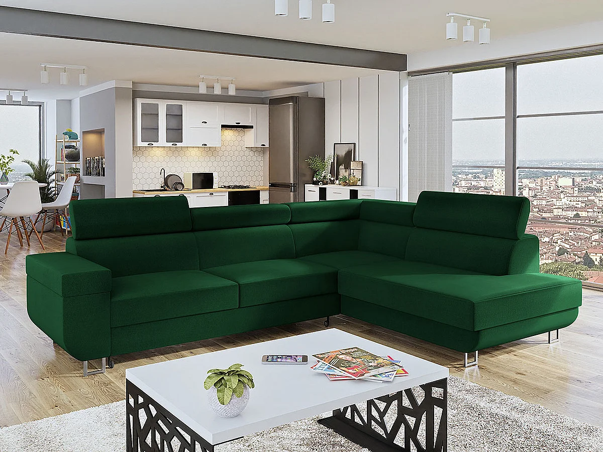 Canapé d'angle Comfivo 306, Vert, Fonction de couchage, Boîte de literie, 253x188x71cm