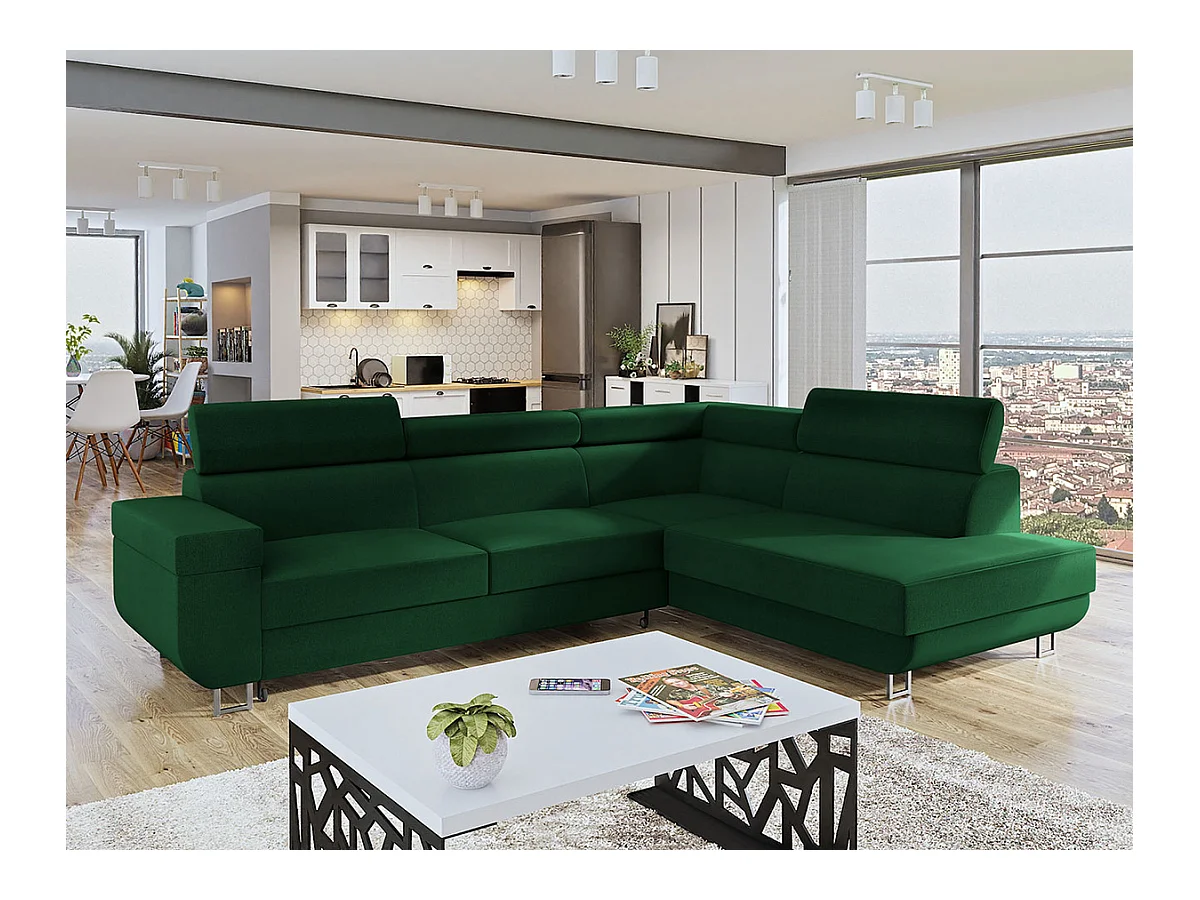 Canapé d'angle Comfivo 306, Vert, Fonction de couchage, Boîte de literie, 253x188x71cm
