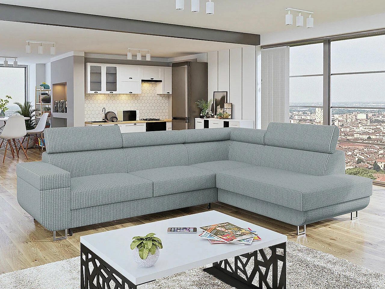 Canapé d'angle Comfivo 306, Gris, Fonction de couchage, Boîte de literie, 253x188x71cm