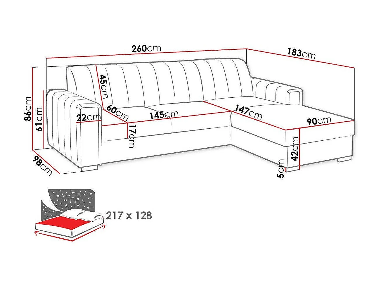Sofá de canto Columbus 166, Azul, Funcionalidade de dormir, 26x18x9cm