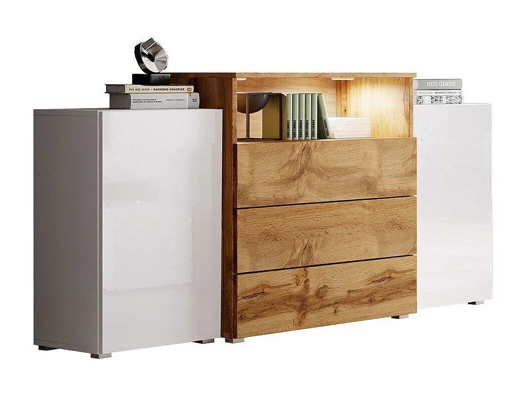 Commode Sarasota 127, Chêne wotan|Blanc|Blanc brillant, Avec tiroirs et portes, 81x150cm