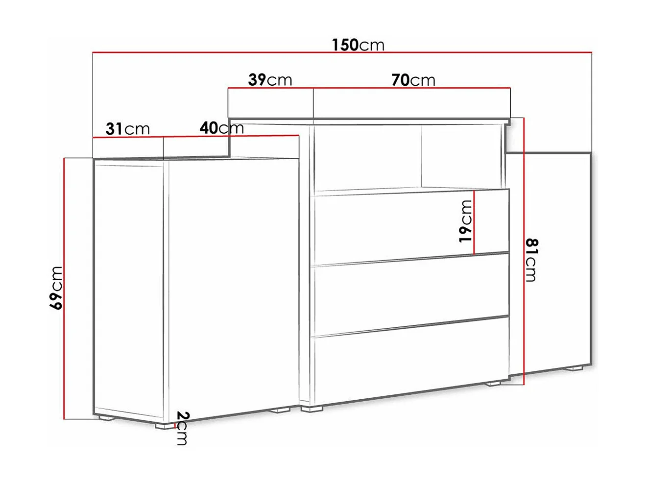 Commode Sarasota 127, Chêne wotan|Blanc|Blanc brillant, Avec tiroirs et portes, 81x150cm