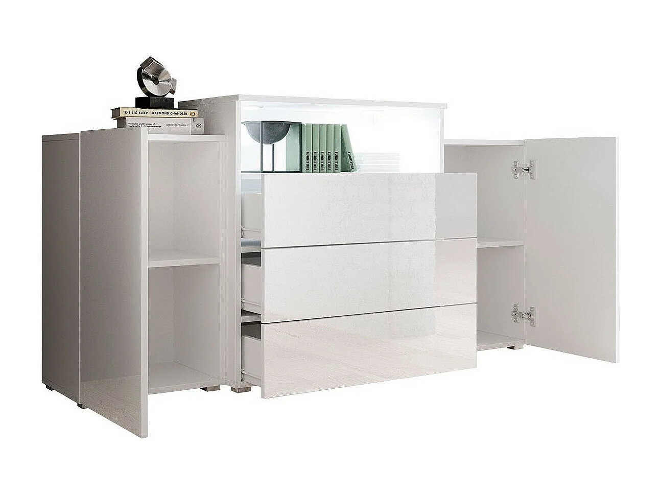 Commode Sarasota 127, Chêne wotan|Blanc|Blanc brillant, Tiroirs et portes, 81x150x39cm