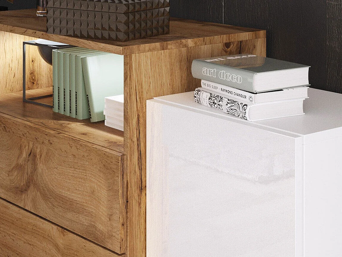 Commode Sarasota 127, Chêne wotan|Blanc|Blanc brillant, Tiroirs et portes, 81x150x39cm