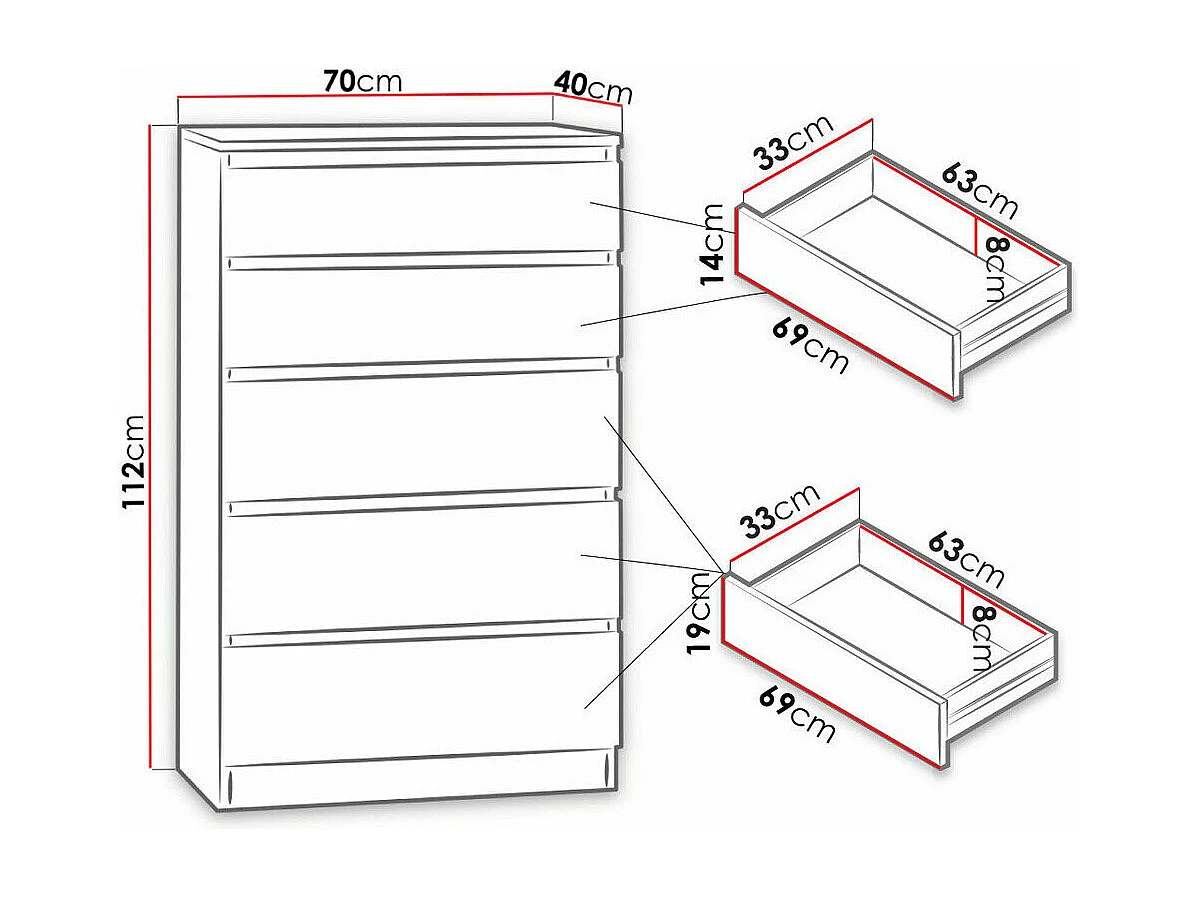 Kommode mit 5 Schubladen - 70x40x112 cm - Sonoma Eiche - Malwa M5