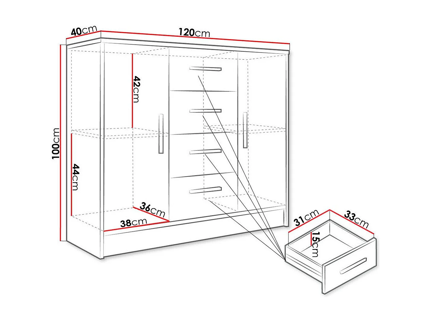 Cómoda Comfivo Romtea 101, Com gavetas e portas, 10x12x4cm