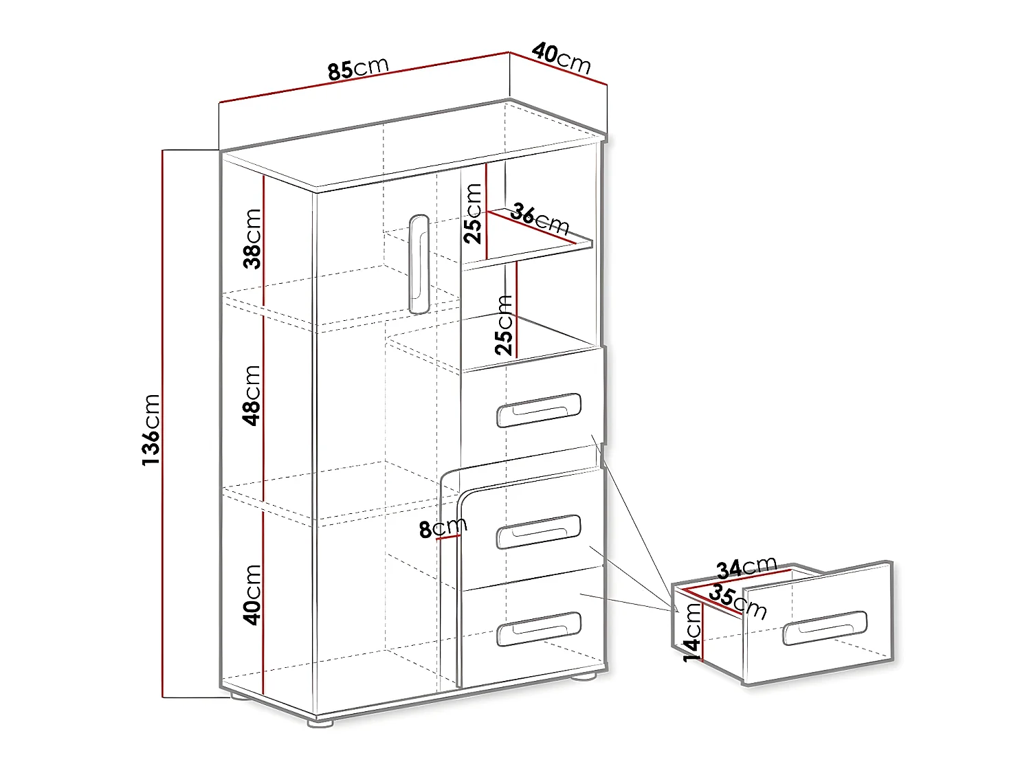 Cómoda Aviseve 101, Com gavetas e portas, Número de gavetas: 3