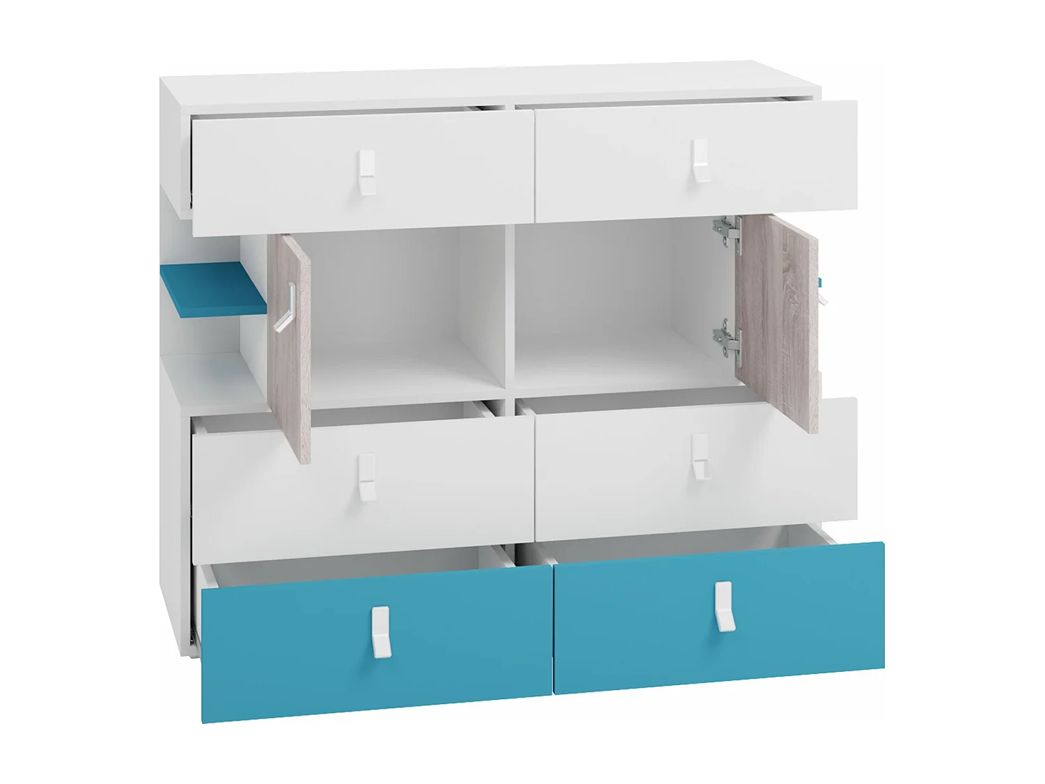 Commode Camteso 106, Turquoise|Chêne|Blanc, Tiroirs et portes, Nombre de tiroirs: 6, 90cm