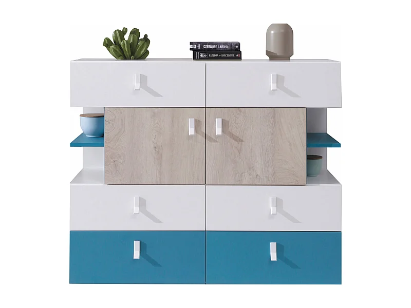 Commode Camteso 106, Blanc|Turquoise|Chêne, Tiroirs et portes, Nombre de tiroirs: 6, 90cm