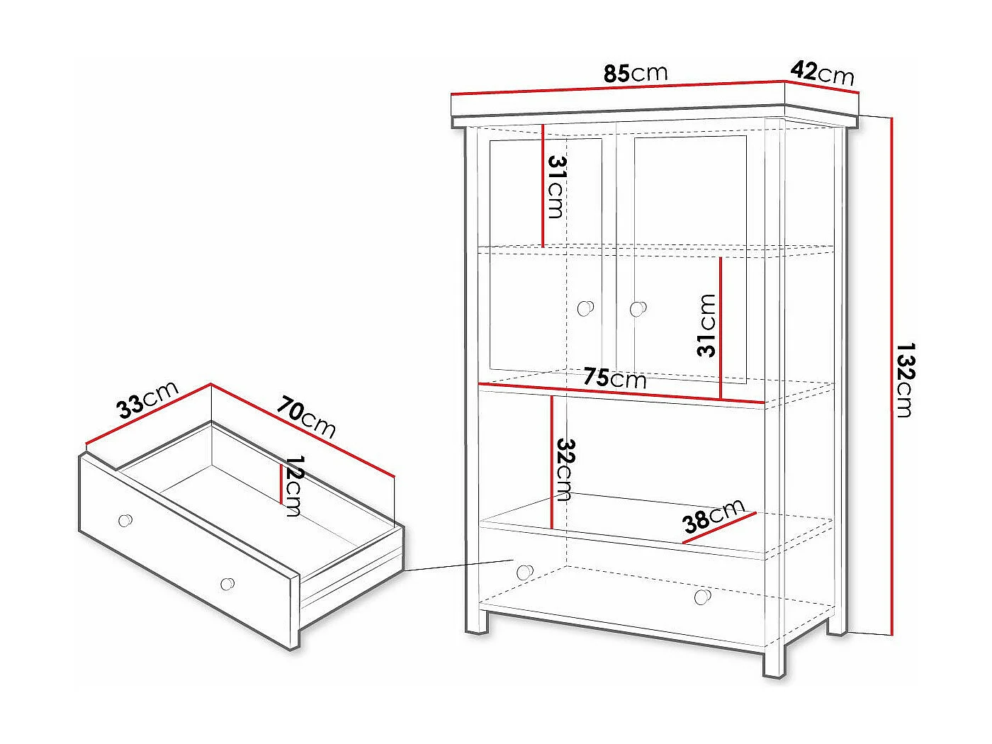 Commode Romelbo 111, Chêne|Blanc, Tiroirs et portes, Nombre de tiroirs: 1, 132x85x42cm