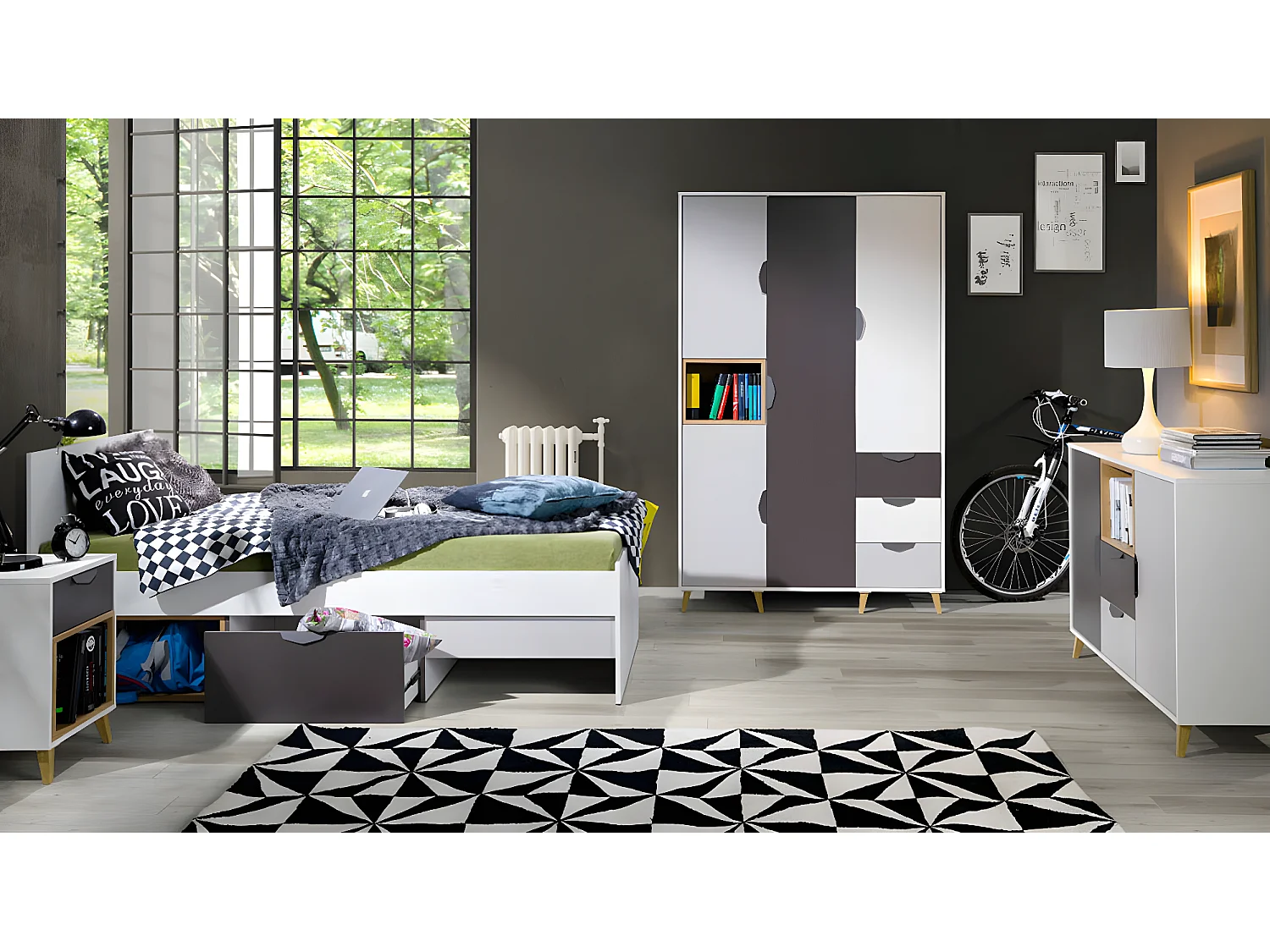 Commode Domvera 107, Gris|Chêne de Lefkas|Blanc|Graphite, Tiroirs et portes, 84x120x40cm