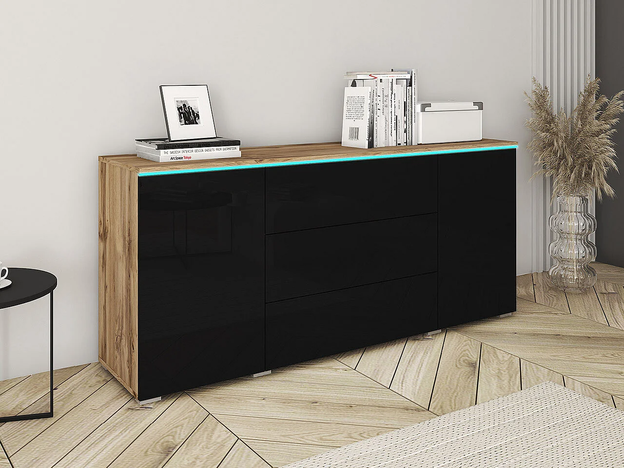 Commode Sarasota 142, Chêne wotan|Noir brillant, Avec tiroirs et portes, 66x150x40cm