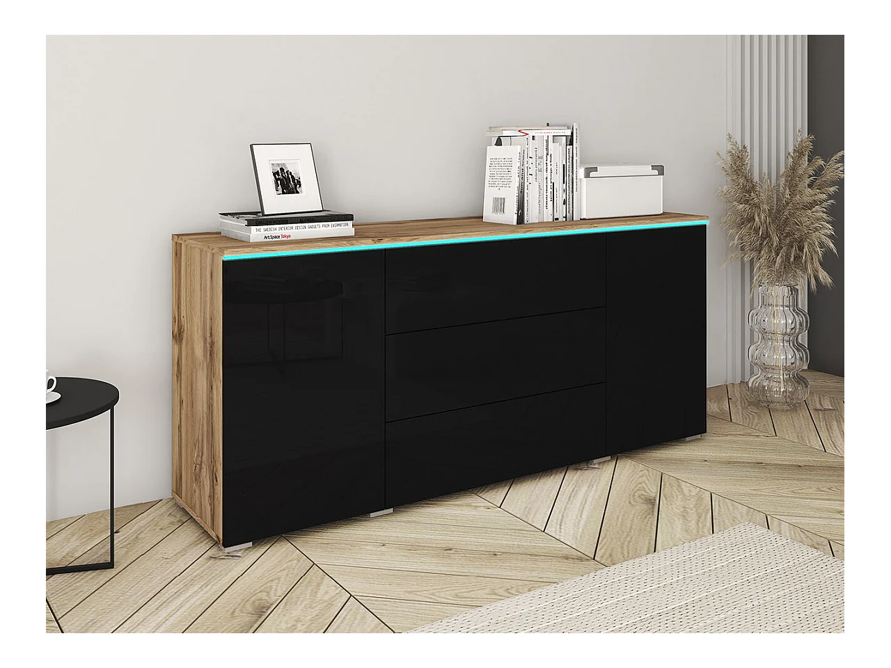 Commode Sarasota 142, Noir brillant|Chêne wotan, Avec tiroirs et portes, 66x150x40cm