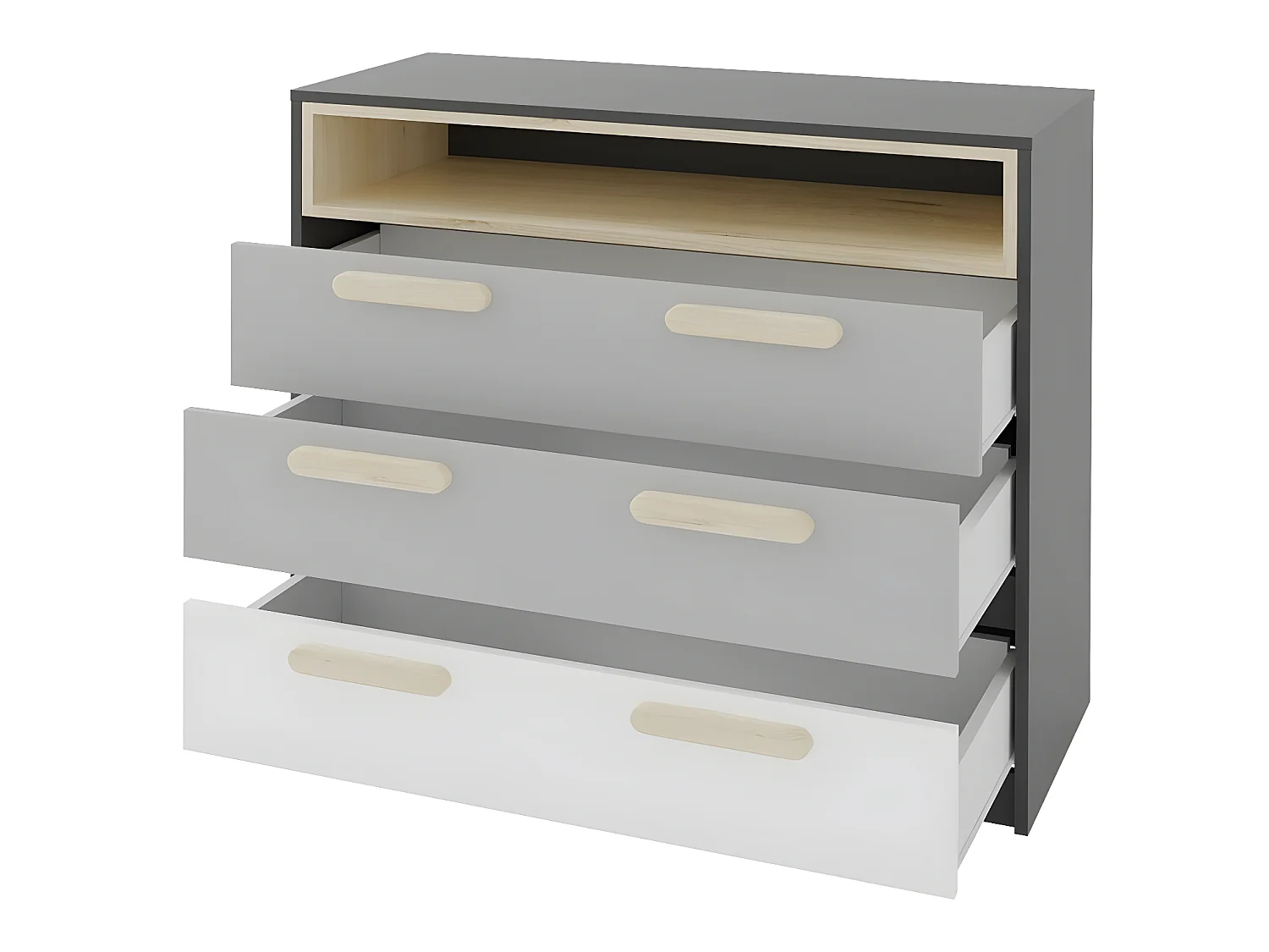 Commode Veravie 109, Hêtre|Graphite|Gris clair|Blanc, Avec tiroirs, Nombre de tiroirs: 3