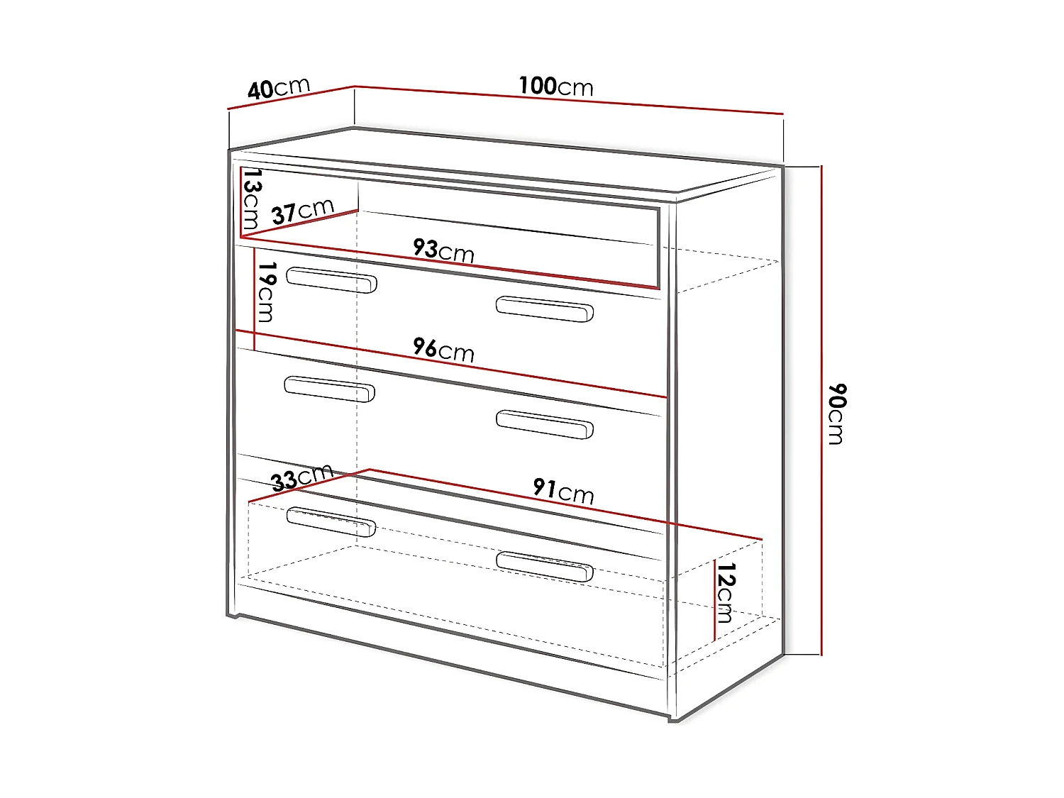 Commode Veravie 109, Hêtre|Graphite|Gris clair|Blanc, Avec tiroirs, Nombre de tiroirs: 3