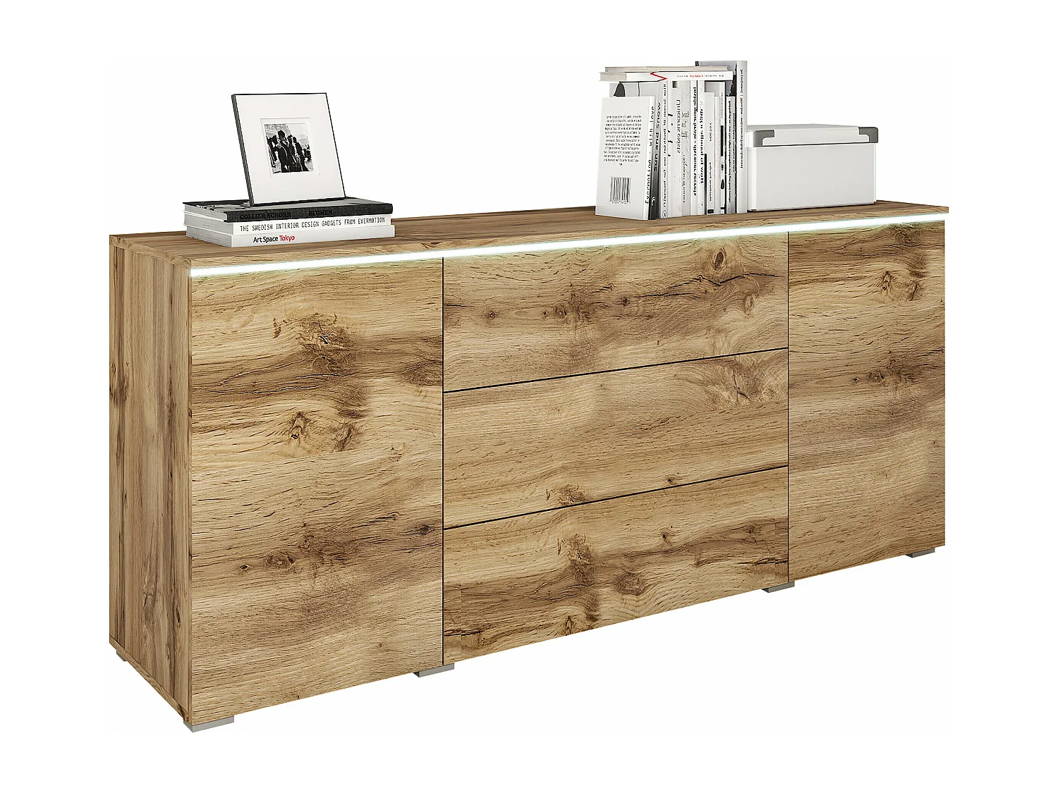 Commode Sarasota 142, Chêne wotan, Tiroirs et portes, Nombre de tiroirs: 3, 66x150x40cm