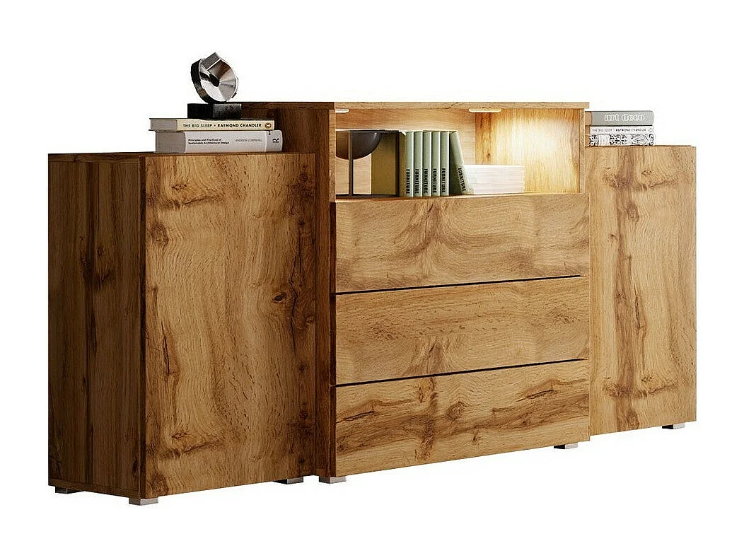 Commode Sarasota 127, Chêne wotan, Tiroirs et portes, Nombre de tiroirs: 3, 81x150x39cm