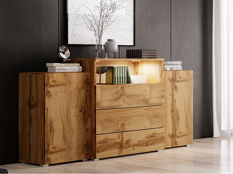 Commode Sarasota 127, Chêne wotan, Tiroirs et portes, Nombre de tiroirs: 3, 81x150x39cm