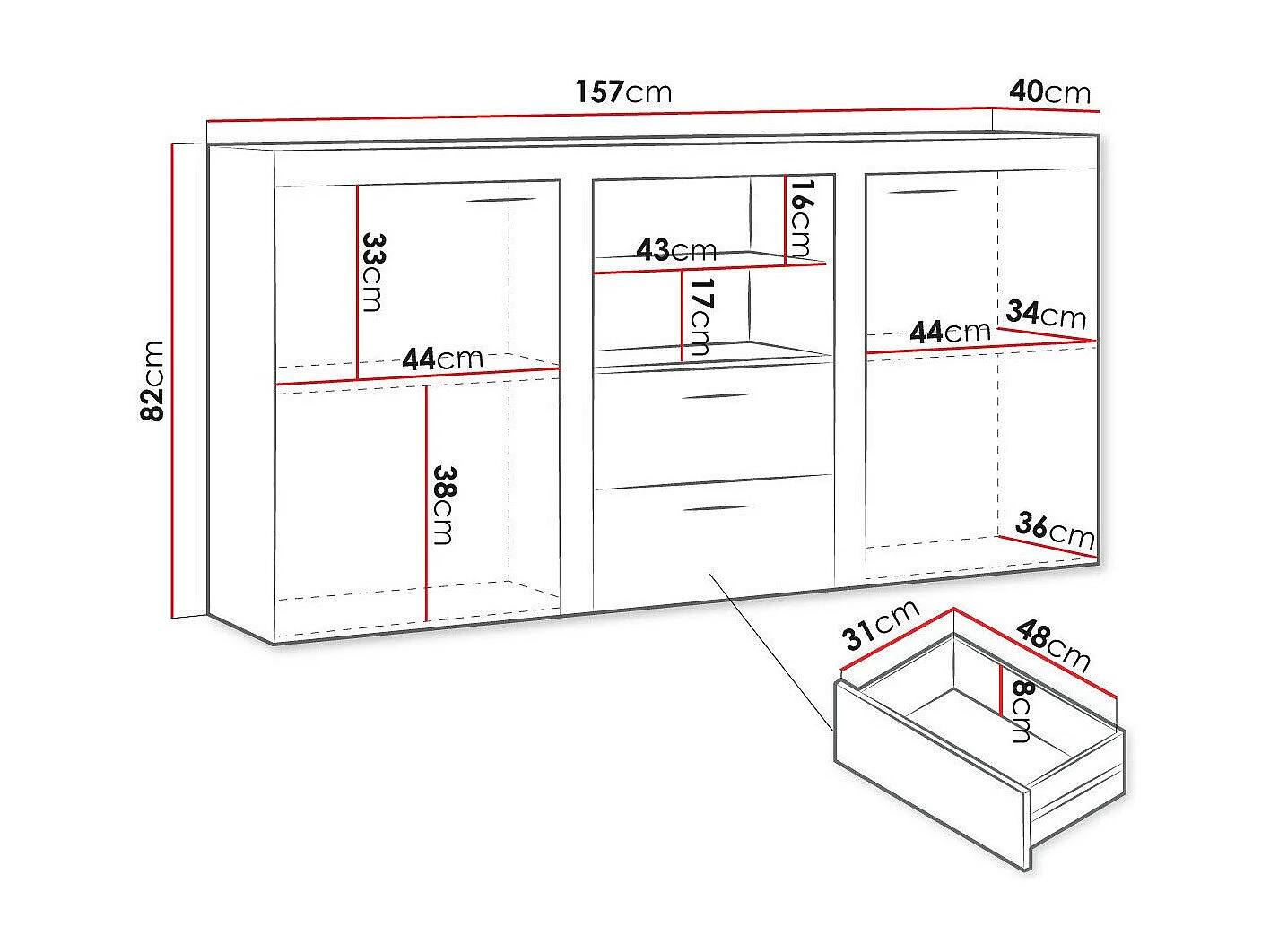 Cómoda Tucson 104, Com gavetas e portas, Número de gavetas: 2