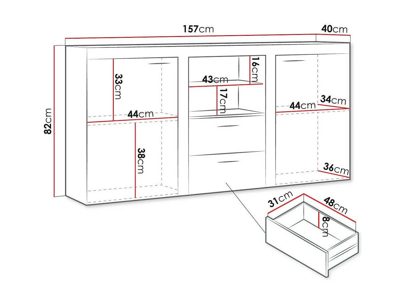 Cómoda Tucson 104, Com gavetas e portas, Número de gavetas: 2