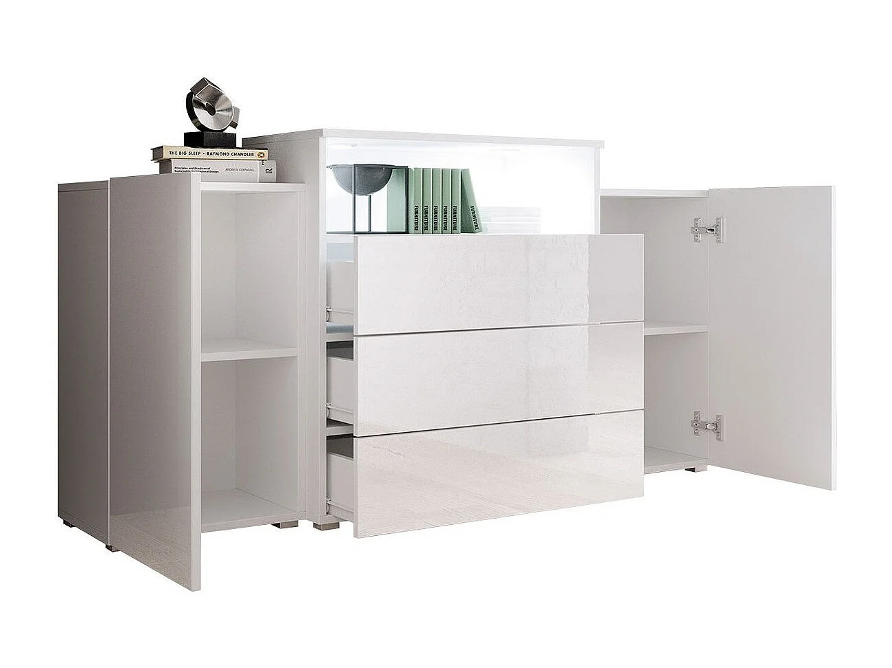 Commode Sarasota 127, Blanc brillant|Chêne wotan|Blanc, Avec tiroirs et portes, 81x150cm