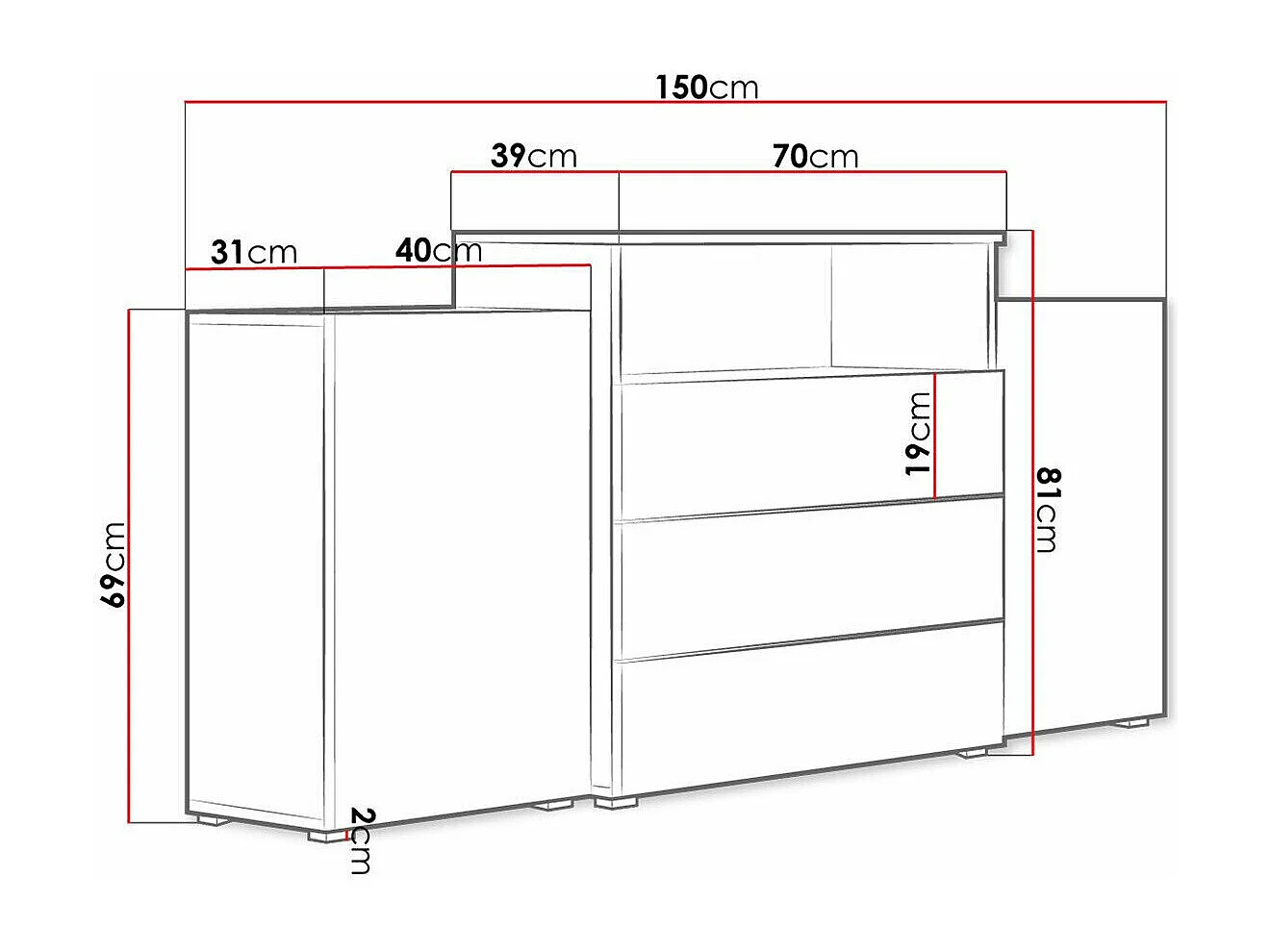Commode Sarasota 127, Blanc brillant|Chêne wotan|Blanc, Avec tiroirs et portes, 81x150cm