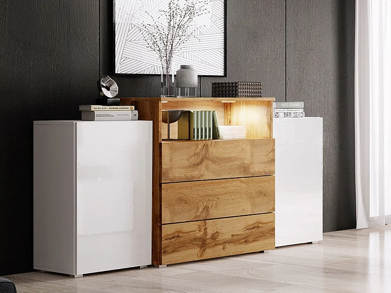 Commode Sarasota 127, Blanc|Blanc brillant|Chêne wotan, Tiroirs et portes, 81x150x39cm