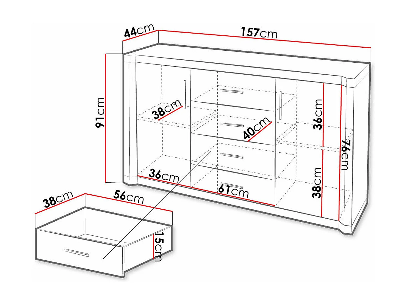 Commode Lorelie 100, Sonoma chêne, Avec tiroirs et portes, Nombre de tiroirs: 4, 91x157cm