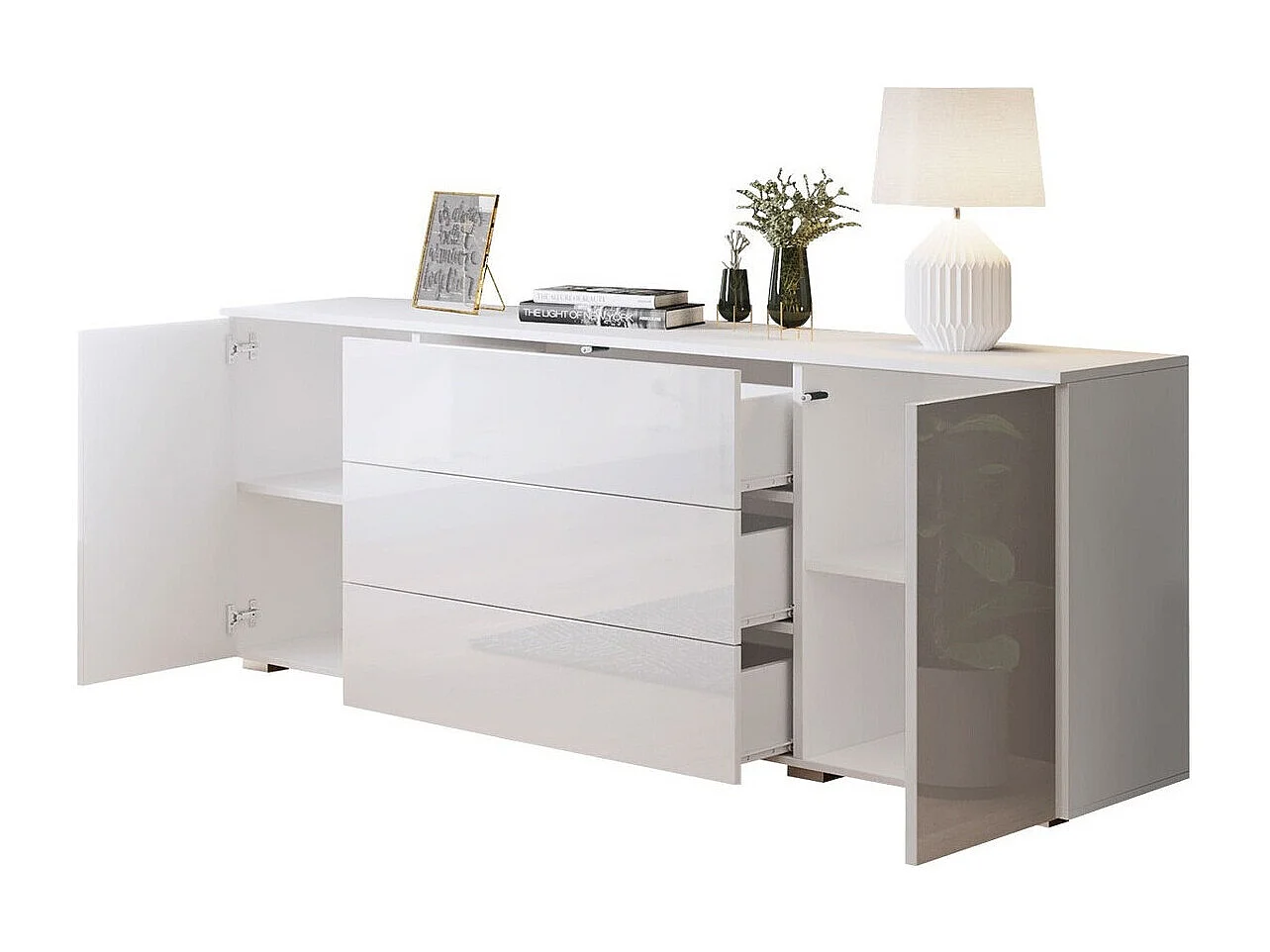 Commode Sarasota 129, Blanc brillant|Chêne wotan, Tiroirs et portes, Nombre de tiroirs: 3