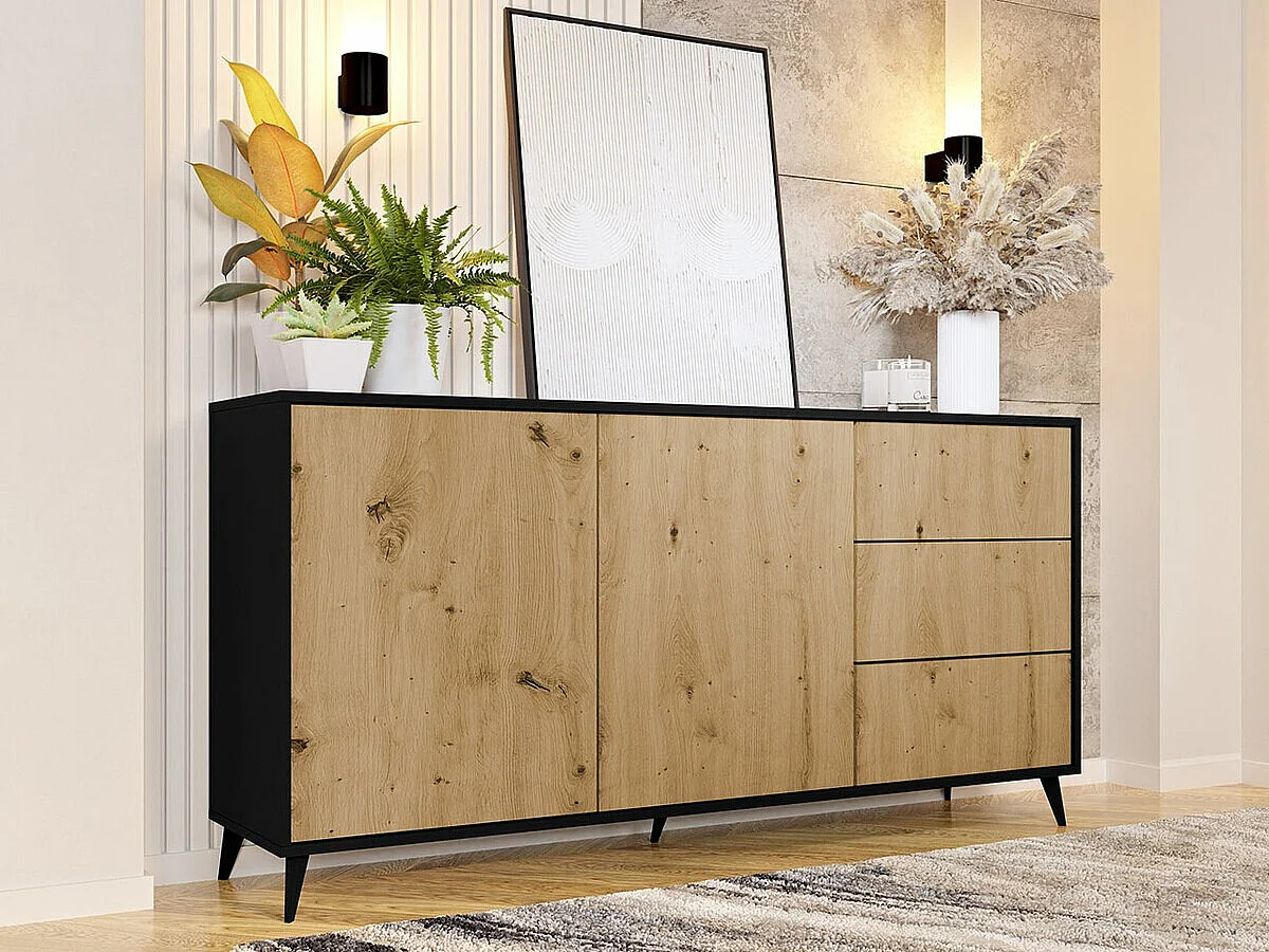 Commode Comfivo Lomcali 101, Chêne Artisan|Noir, Avec tiroirs et portes, 90x179x40cm