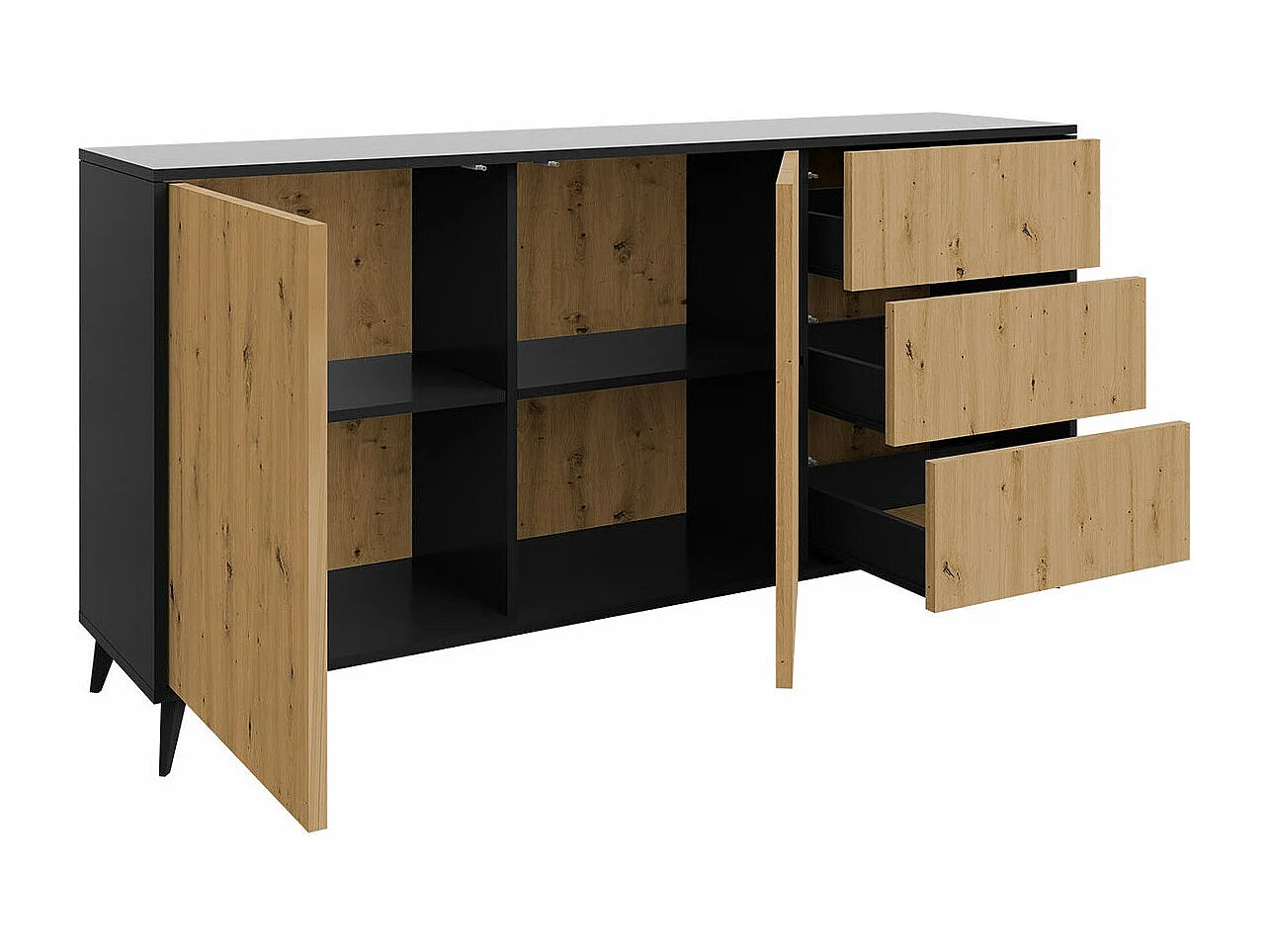 Commode Comfivo Lomcali 101, Chêne Artisan|Noir, Avec tiroirs et portes, 90x179x40cm