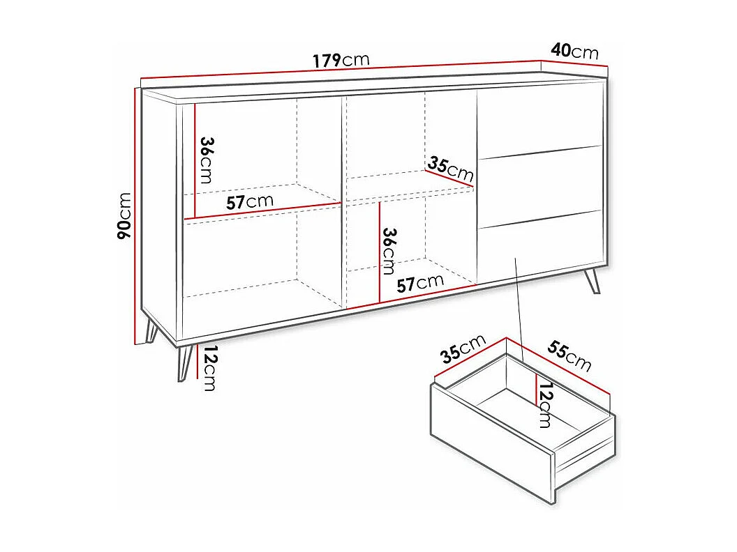 Commode Comfivo Lomcali 101, Chêne Artisan|Noir, Avec tiroirs et portes, 90x179x40cm