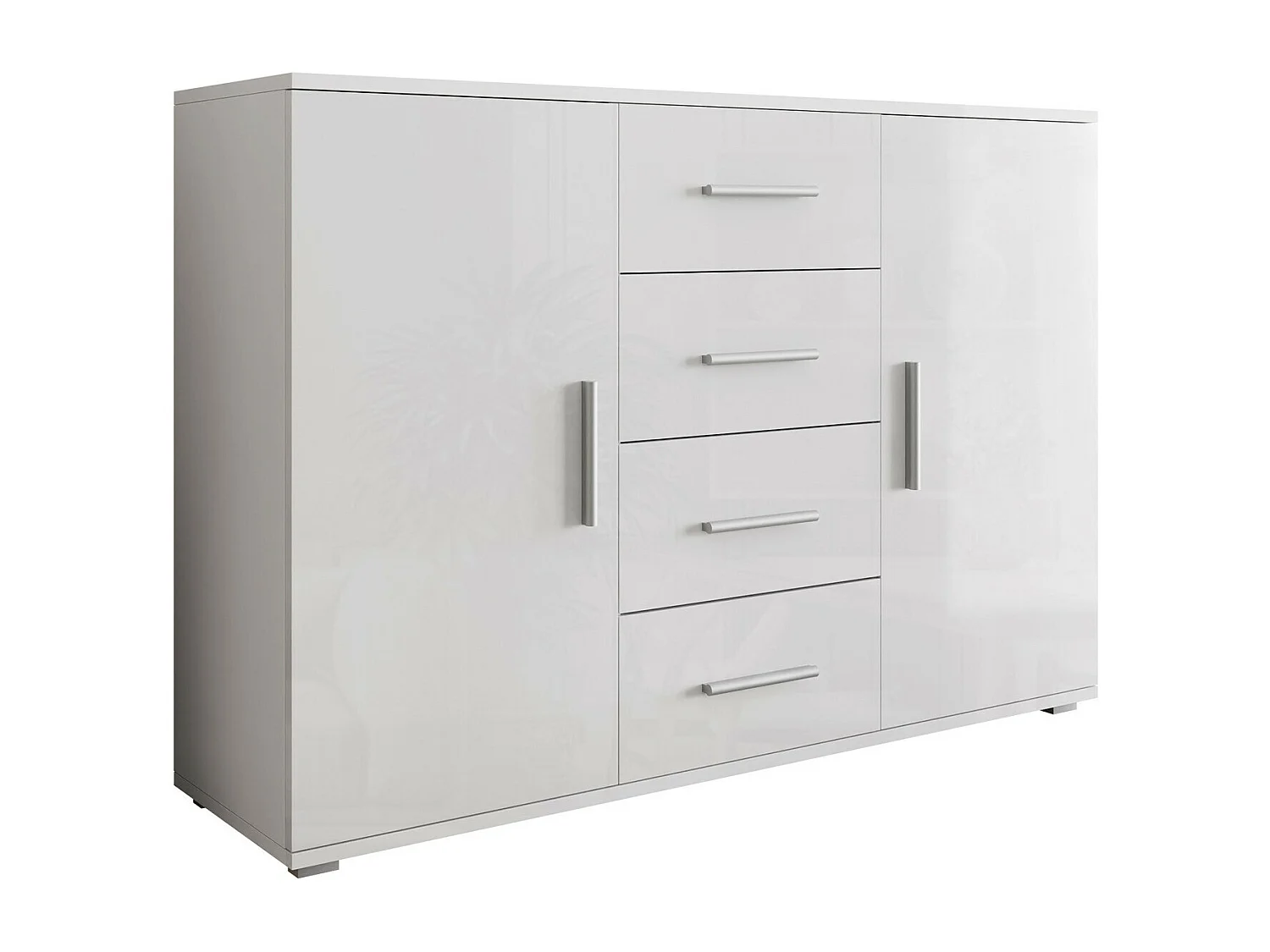 Commode Charlotte 118, Blanc|Blanc brillant, Tiroirs et portes, Nombre de tiroirs: 4,